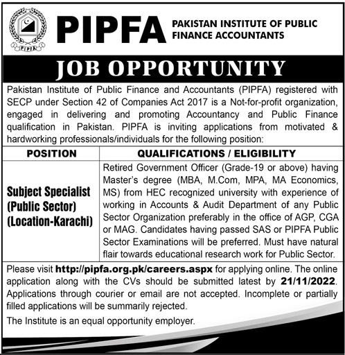 Subject Specialist Job at PIPFA