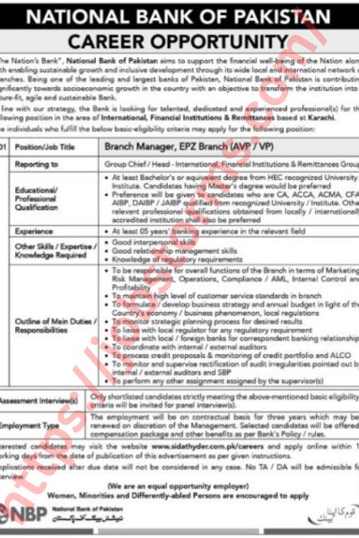Career Opportunities at the National Bank of Pakistan