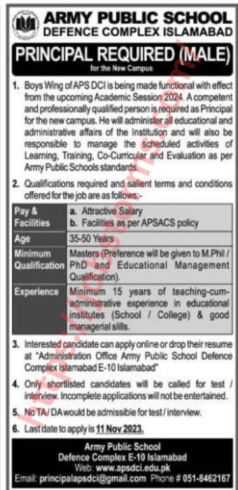 Principal Job in APS Islamabad